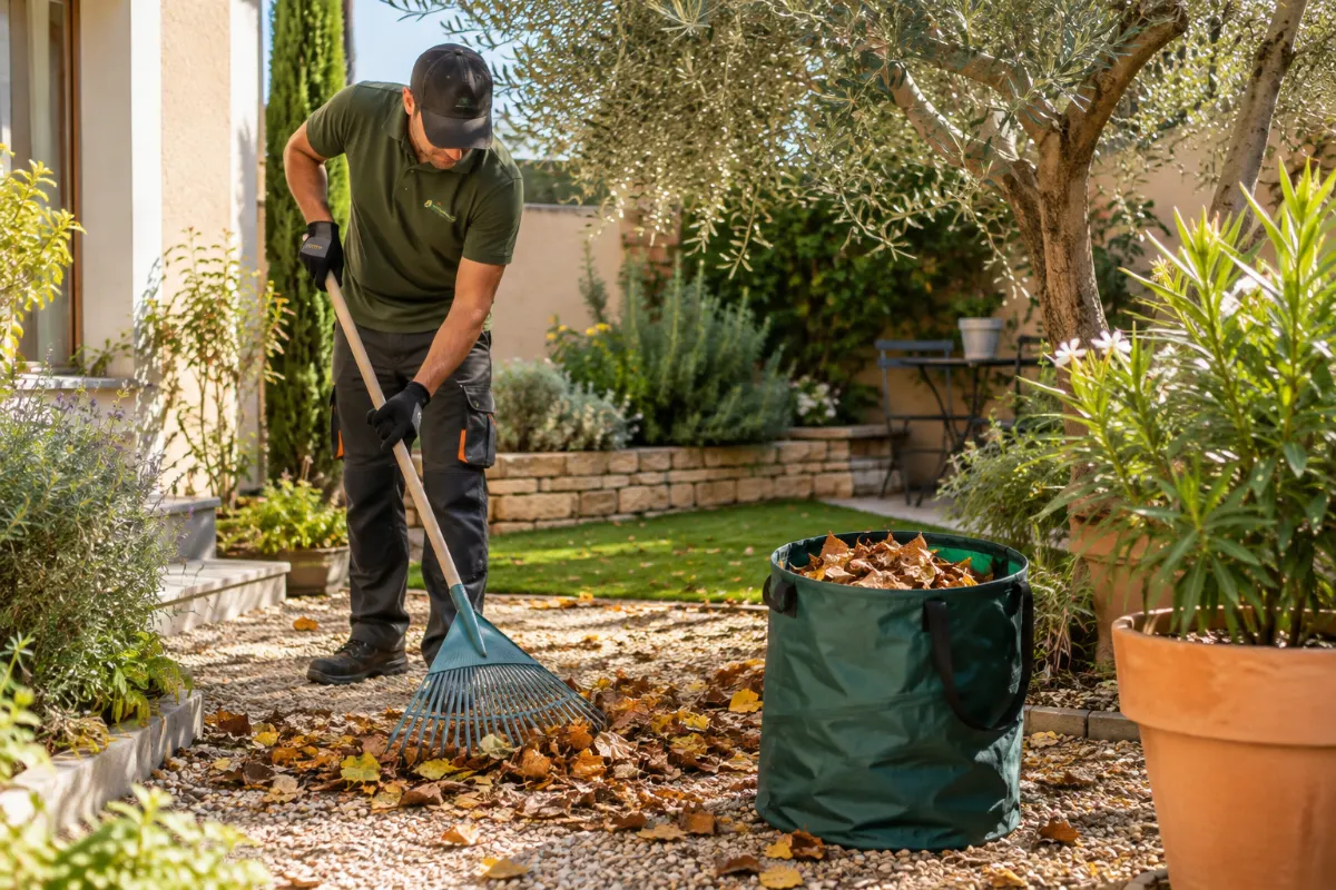Ramassage des feuilles au râteau dans une cour